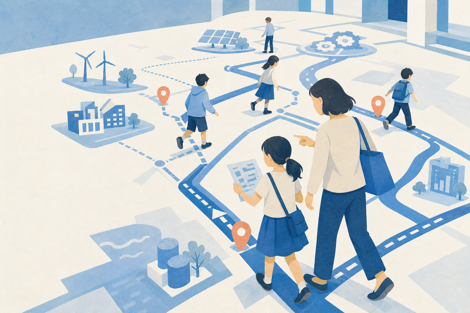 未来の案内図を見ながら進む女の子と40代の母親、その周囲で別々の道を試す小学生たちのイメージ画